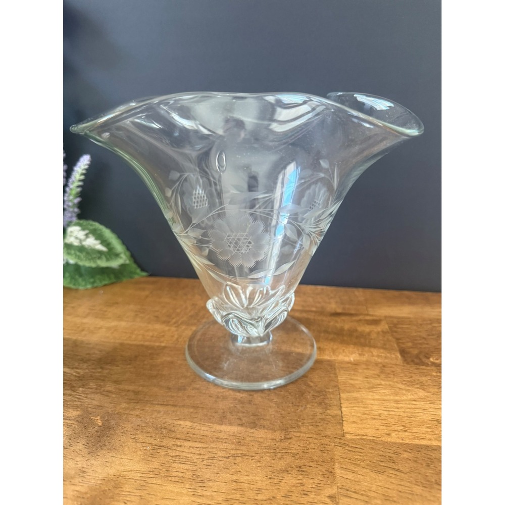 Vintage W J Hughes Cornflower Etched Glass Pedestal Vase Ruffled‎ Rim Canadian
